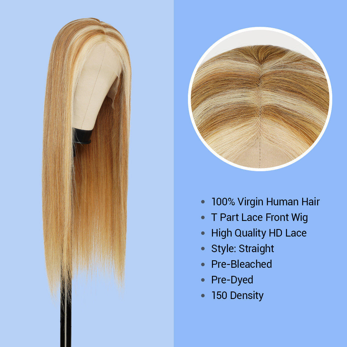Human Hair, Lace Wig, T part, Deep part, Center Part, Middle Part, Long and Full, Natural Hairline, Straight, layered straight, HD Lace, Blonde, 613, Chunky Highlight, 27/613, Fancy Color, Pre dyed, 100% Virgin Human Hair, High Quality HD Lace, Pre bleached, 150% density