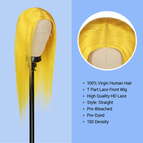 Human Hair, Lace Wig, T part, Deep part, Center Part, Middle Part, Long and Full, Natural Hairline, Straight, layered straight, HD Lace, Blonde, 613, Fancy Color, Yellow, Pre dyed, 100% Virgin Human Hair, High Quality HD Lace, Pre bleached, 150% density