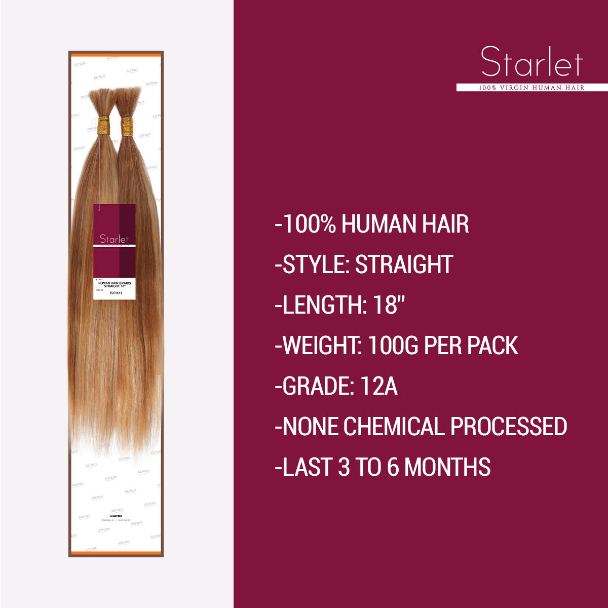 Starlet 100% Virgin Unprocessed Human Braiding Hair 27/613 Honey Blonde  Highlight Straight Bulk
