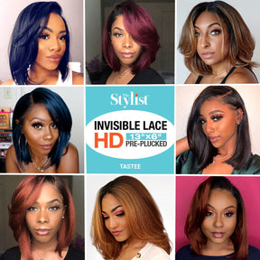 Multi-Parting, 13X6, Human Hair Blend, Frontal Wig, Invisible Lace, Bob, Layered Bob, Feathered Bob, Pre-Plucked, Yaki Textured, Shoulder-Length Bob