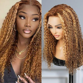 UpScale 100% Human Hair Glueless 13x6 Lace Frontal Wig Honey BlondeSun Kissed Highlight Kinky Curly 20"