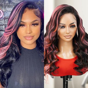 UpScale 100% Human Hair Glueless 13x6 Lace Frontal Wig Pink Highlight Body Wave 20"