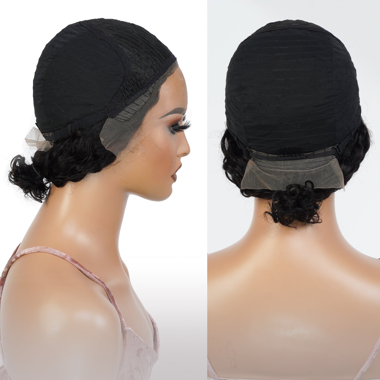 Shop affordable human hair wig. Center part short human hair bob lace front wigs made with Unprocessed Virgin Human hair, It has natural hairline which can be customized, Fits All Face Shapes. Glueless Minimalist Lace Bob Wig, Short curly bob is perfect for everyday use or any other special occasion, Ready-to-wear, Durable HD Lace that blend in perfectly