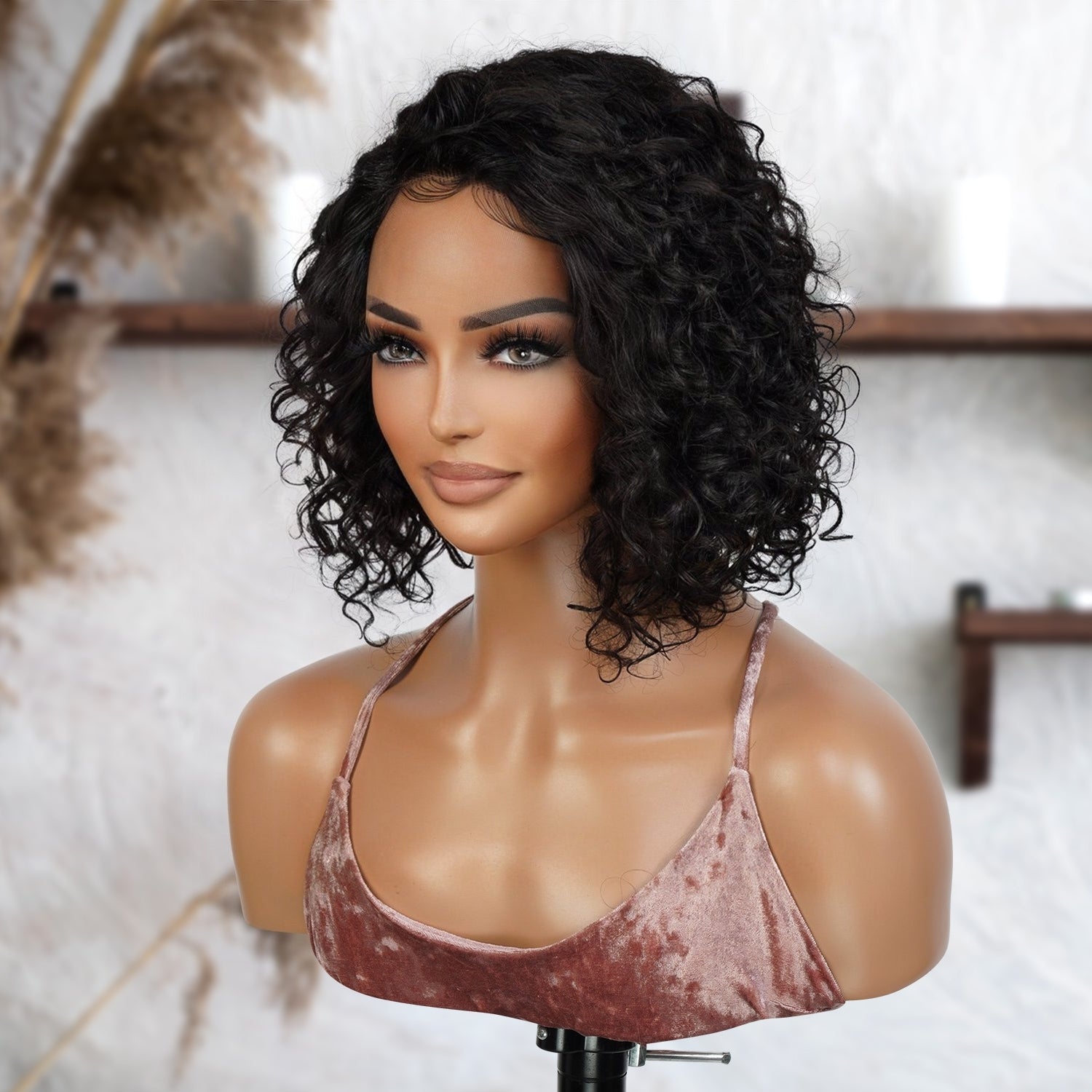 Shop affordable human hair wig. Center part short human hair bob lace front wigs made with Unprocessed Virgin Human hair, It has natural hairline which can be customized, Fits All Face Shapes. Glueless Minimalist Lace Bob Wig, Short curly bob is perfect for everyday use or any other special occasion, Ready-to-wear, Durable HD Lace that blend in perfectly