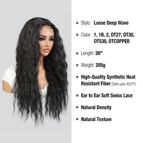 Introducing our long wavy loose deep wave Soft Swiss lace front wig! Made with high-quality heat-resistant synthetic fibers, this wig features a 4.5" deep middle center part for a natural-looking hairline. The adjustable straps provide a secure fit, while the soft Swiss lace front seamlessly blends with your natural hairline. Perfect for daily wear, cosplay, or parties. Shop now for style and versatility!