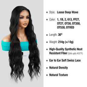  Introducing our 30-inch deep middle part Swiss lace front wig! Made with heat-resistant synthetic fibers, this wig features a gorgeous loose deep wave design, perfect for black women. The deep middle part and Swiss lace front create a natural-looking hairline. Easy to wear and style, this wig is a must-have for a quick style change. Shop now for ultimate style and versatility!