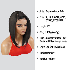 Introducing our medium asymmetrical bob straight lace front wig! Designed for black women, this wig features a deep side part for a natural-looking hairline. Made with high heat-resistant synthetic fibers, it's easy to style and maintain. Perfect for any occasion, this wig is a must-have for a style change. Shop now for ultimate style and sophistication!