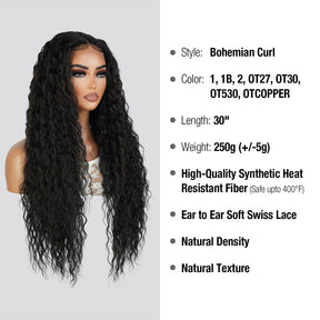  Introducing our gorgeous 30-inch long Bohemian curl Swiss lace front wig! Made with high-quality heat-resistant synthetic fibers, this wig features a middle center part for a natural-looking hairline. Designed for black fashion women, the curly wavy style adds volume and dimension to your hair. With adjustable straps for a secure fit, this versatile wig is a must-have for style enthusiasts. Shop now for ultimate style and versatility!
