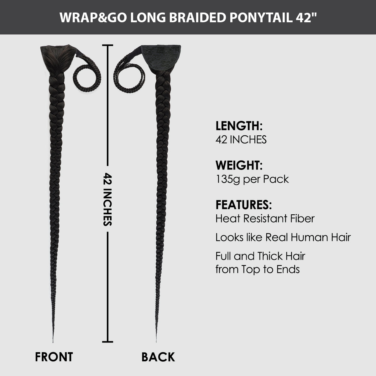 wrap and go long braided ponytail, 42 inch braided ponytail, 42 inch length ponytail, heat resistant fiber ponytail, looks like real human hair, full and think ponytail