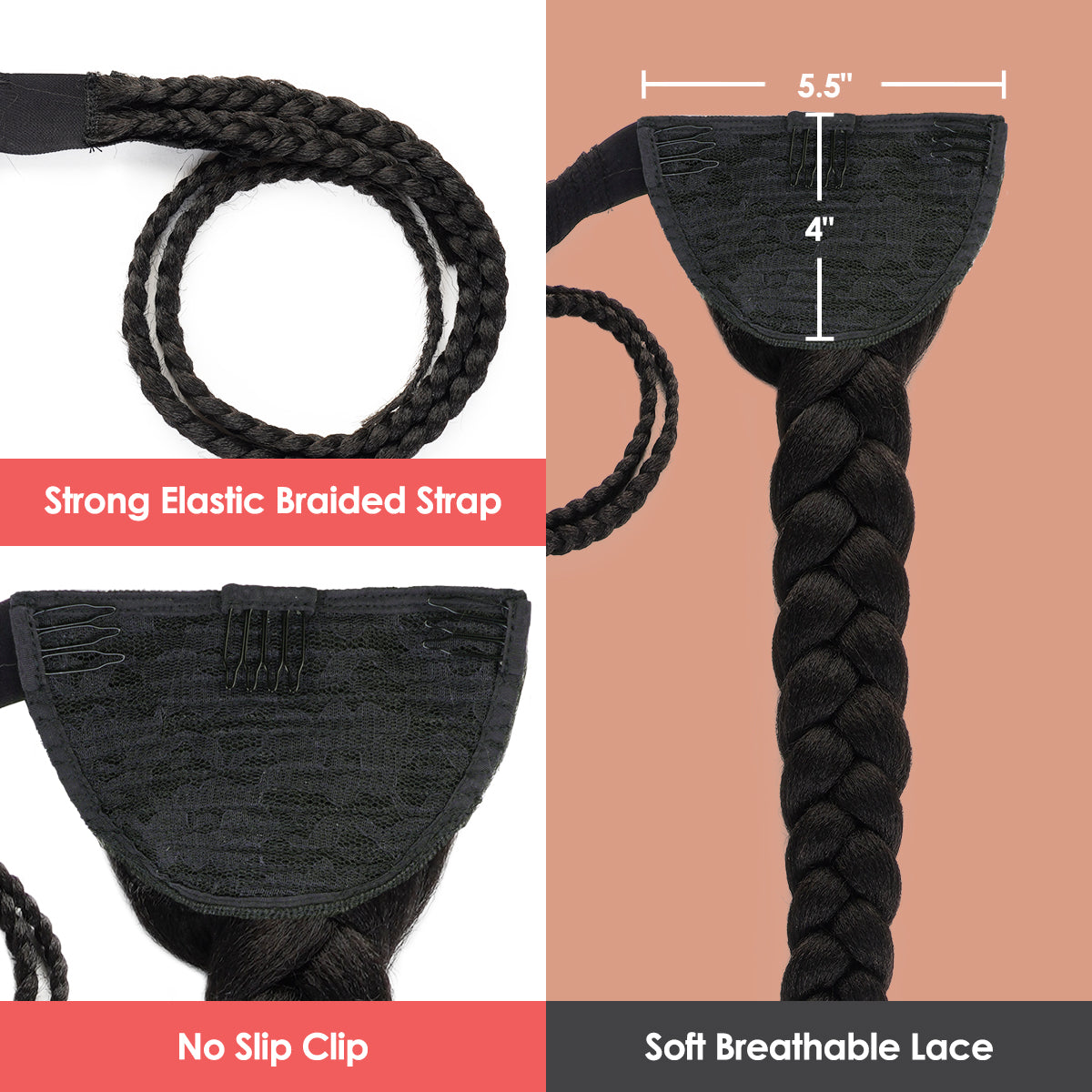 braided ponytail with strong elastic braided strap, ponytail that does not slip, no slip clip attached, ponytail with soft breathable lace 