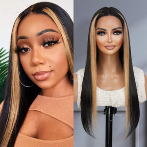 100% Human Hair T-Part Lace Wig Face Framing Highlight Ombre FF27 Straight