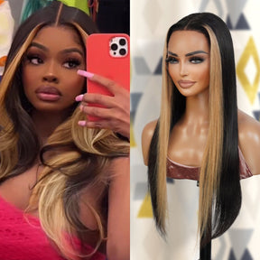 100% Human Hair T-Part Lace Wig Face Framing Highlight Ombre FF27 Straight