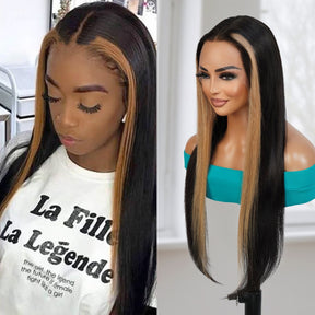 100% Human Hair T-Part Lace Wig Face Framing Highlight Ombre FF27 Straight