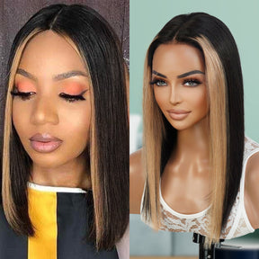 T shape lace part wig gives natural hairline and realistic lace part with affordable price, Medium Length Bob Style, Most trendy Face Framing Highlight Ombre Hair color. No extra money for hair dyeing, Pre-bleached by expert