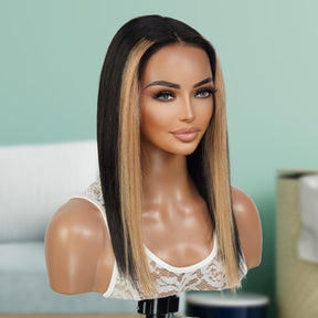 T shape lace part wig gives natural hairline and realistic lace part with affordable price, Medium Length Bob Style, Most trendy Face Framing Highlight Ombre Hair color. No extra money for hair dyeing, Pre-bleached by expert