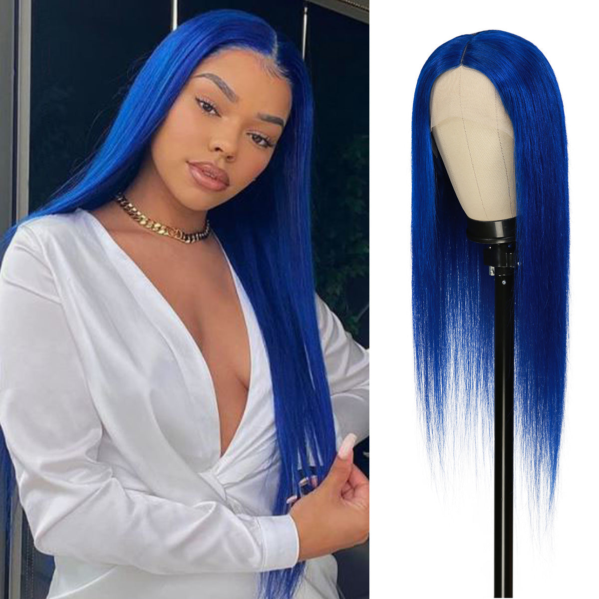 T part wig is the convenient but similar natural result compared with expensive lace front wigs. Gorgeous Solid Blue color for Special Occasion, Pre-dyed by expert. Middle Part Straight wig with Natural and imperceptible hairline