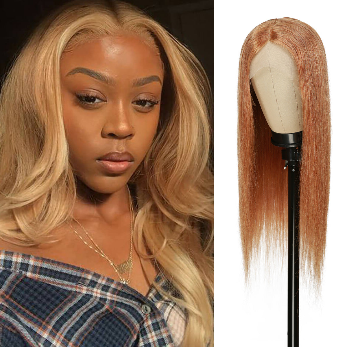 150% Density Straight T-Part Transparent Lace Front Human Hair Wigs, Natural and imperceptible hairline, Super soft and smooth texture, Heathly hair, Tangle Free & No Shedding, Golden Blonde Silky Smooth High Quality Hair with Center Parting