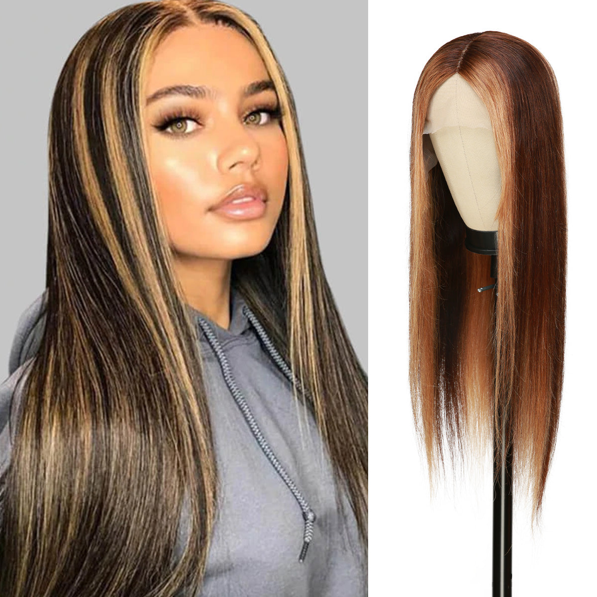 T shape lace part wig gives natural hairline and realistic lace part with affordable price, 100% Human Hair Pre-dyed Fancy Color For Black Women, 150% Density High Quality Blonde Hair, Pre-Plucked with Baby Hair, Balayage Brown Chunky Highlight Straight Hair, Beautiful ombre brown highlight color fashion and elegant and charming