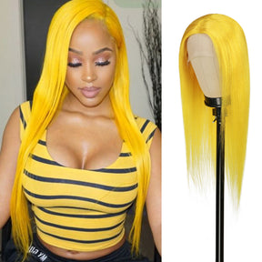 Virgin hair T part wigs are made of high-quality materials, T-Part lace frontal human hair wigs are the cheapest transparent HD lace front wigs with ear to ear lace net in shop, Virgin hair T part wigs are made of high-quality materials. Yellow is perfect for the special occasion.