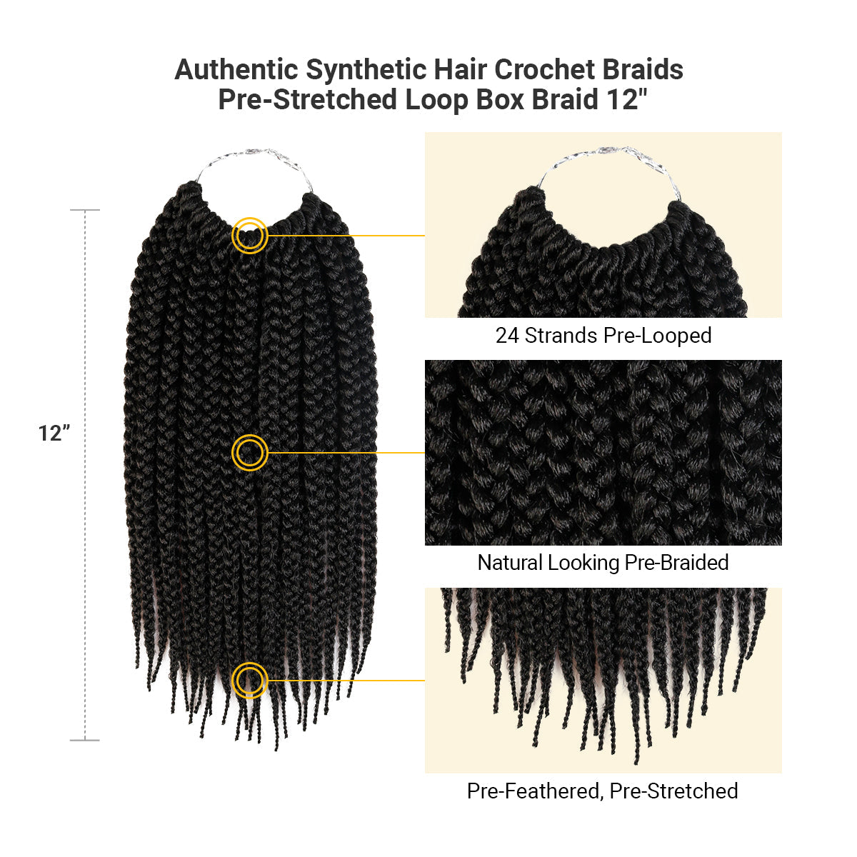 Authentic Synthetic Hair Crochet Braid Pre-Looped Box Braid 12"
