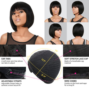cap instruction for short human hair bob wig, ear tabs, soft stretch lace cap, adjustable straps, wire combs will help you install the wig