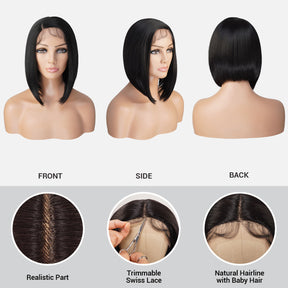 Introducing our medium asymmetrical bob straight lace front wig! Designed for black women, this wig features a deep side part for a natural-looking hairline. Made with high heat-resistant synthetic fibers, it's easy to style and maintain. Perfect for any occasion, this wig is a must-have for a style change. Shop now for ultimate style and sophistication!