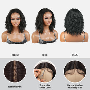 Introducing our gorgeous loose deep wave layered bob wig! Made with heat-resistant synthetic fibers, this wig features a middle part Swiss lace front for a natural-looking hairline. With a 12-inch length and curly wavy style, it adds volume and dimension to your hair. The layered bob cut adds a trendy touch. Perfect for black women, this easy-to-wear and style wig is a must-have. Shop now for ultimate style and versatility!
